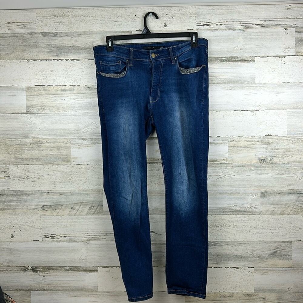 Tahari Womens 34 Medium Wash Straight Leg Blue Denim Jeans Cotton Blend Pants
